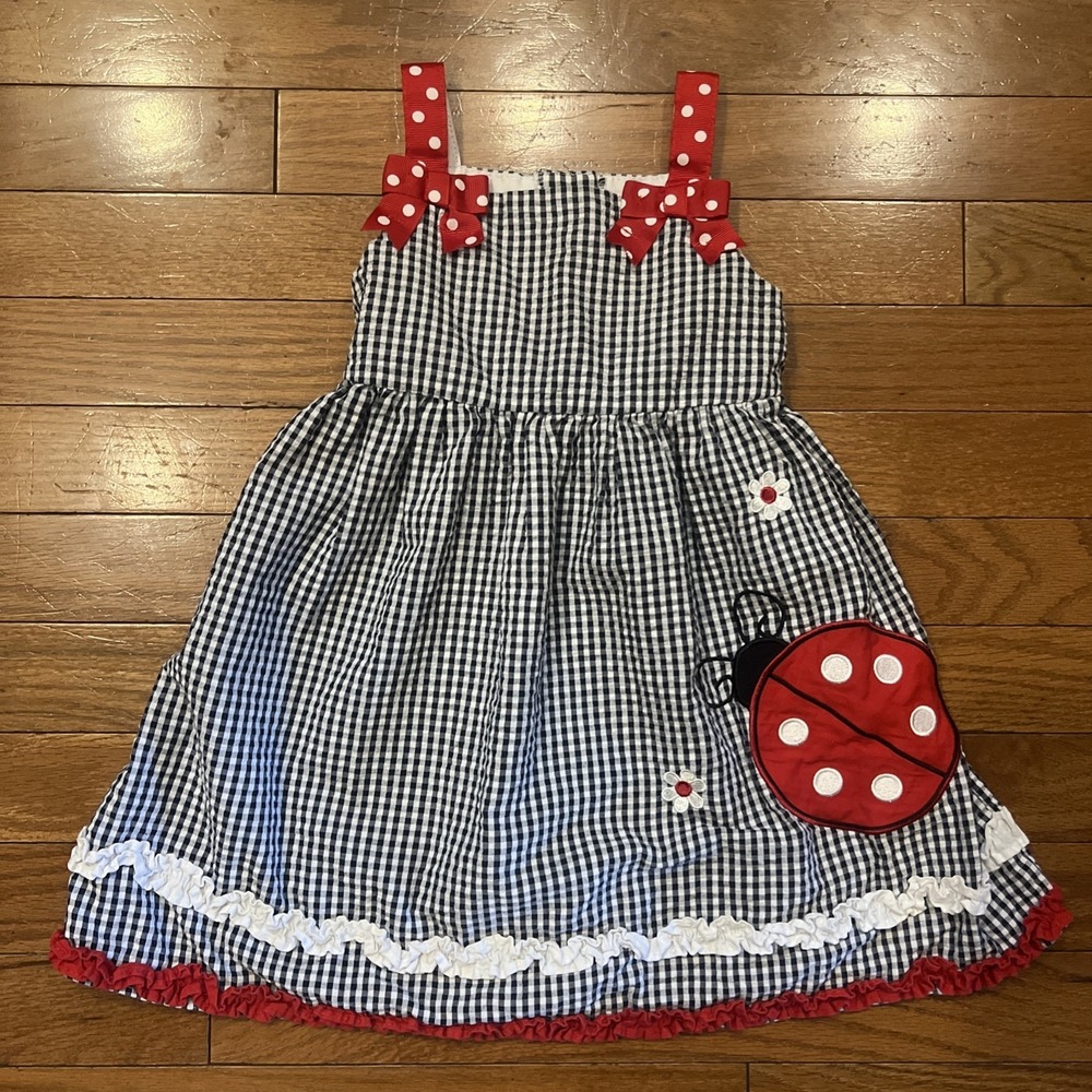 Emily Rose Girls 3T Gingham Ladybug Dress Red Polka Dot Bows Ruffle Cotton